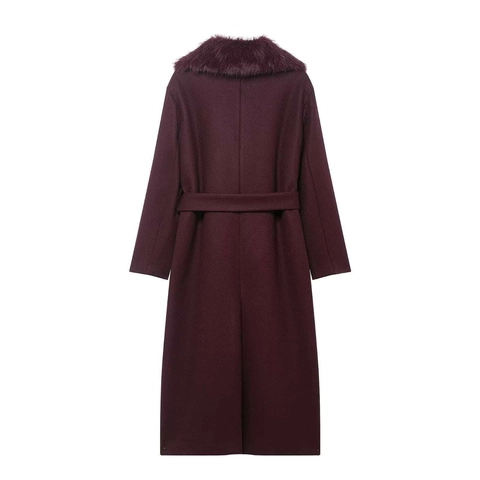 Abrigo Largo de Lana Elegante para Mujer Con Cuello de Piel Sintética y Cinturón Monopetto Ajustado Color Sólido Rojo Vino