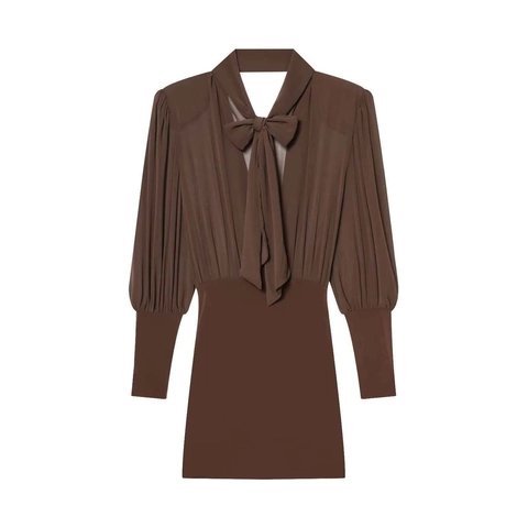 Women Temperament Dark Brown Mini Dress Bow Tie V Neck Lantern Sleeve Chiffon Splicing Cowl Back Elegant Commute Slim Dress