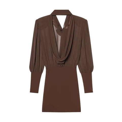 Women Temperament Dark Brown Mini Dress Bow Tie V Neck Lantern Sleeve Chiffon Splicing Cowl Back Elegant Commute Slim Dress