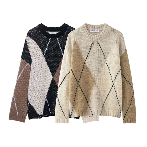 Women Retro Argyle Contrast Color Knit Sweater Casual Round Neck Long Sleeve Loose Pullover Autumn Fashion Knitwear