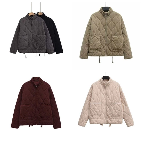 Women Casual Quilted Padded Jacket Stand Collar Diamond Pattern Zipper Drawstring Hem Loose Fit Coat Outerwear