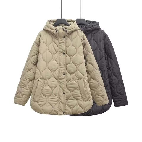 Giacca da Donna Trapuntata con Cappuccio Motivo a Onde Cappotto Imbottito a Maniche Lunghe Tinta Unita Parka Invernale Caldo