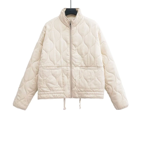 Women Casual Quilted Padded Jacket Stand Collar Diamond Pattern Zipper Drawstring Hem Loose Fit Coat Outerwear
