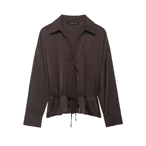 Camisa de Satén Elegante para Mujer Manga Larga Cuello en V Cintura con Cordón Ajustable Color Sólido Blusa Café Tops