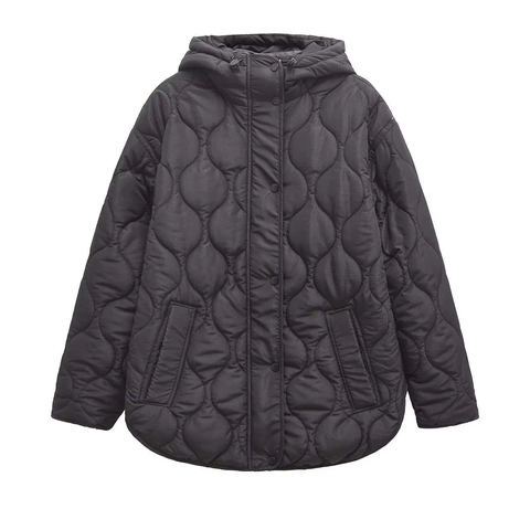 Giacca da Donna Trapuntata con Cappuccio Motivo a Onde Cappotto Imbottito a Maniche Lunghe Tinta Unita Parka Invernale Caldo
