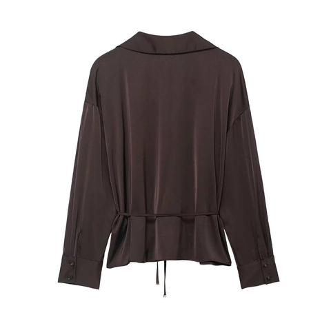 Camisa de Satén Elegante para Mujer Manga Larga Cuello en V Cintura con Cordón Ajustable Color Sólido Blusa Café Tops