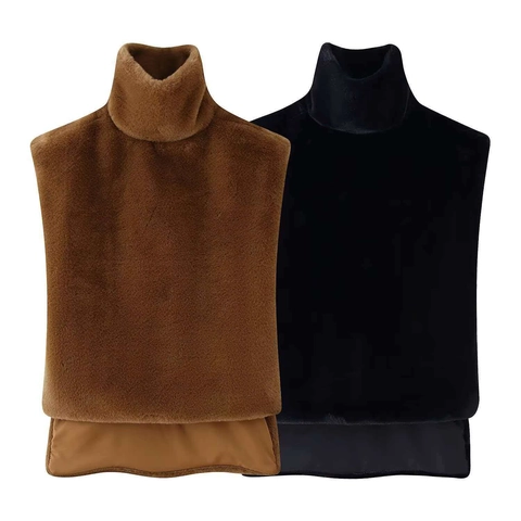 Damen Webpelz Hochkragen Falscher Kragen Ärmellose Weste Einfarbig Herbst Winter Warm Elegant Pendler Schal Halswärmer