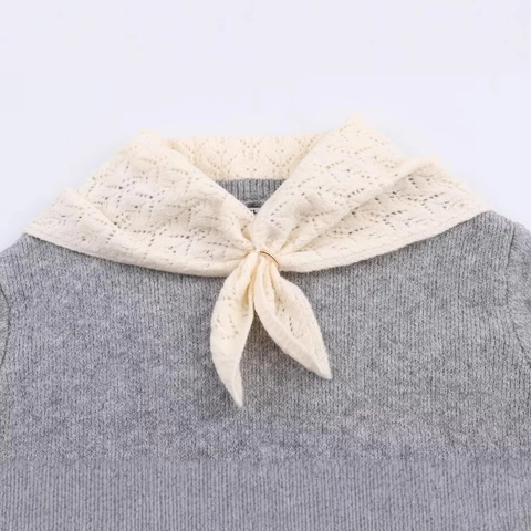 Suéter de Punto Gris Holgado para Mujer Con Cuello de Lazo de Encaje Blanco Crema Pullover Casual de Manga Larga Suave