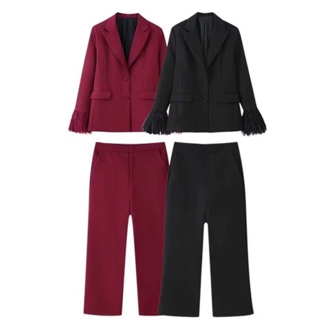 Women Elegant Feather Cuff Blazer And Pants Set Solid Color Office Professional Suit Fashion Long Sleeve Banquet Outfit