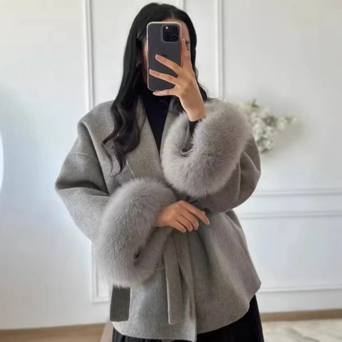 Women Elegant Faux Fur Cuff Woolen Coat Long Sleeve Belted Solid Color Jacket Autumn Winter Commuter Fashion Outerwear
