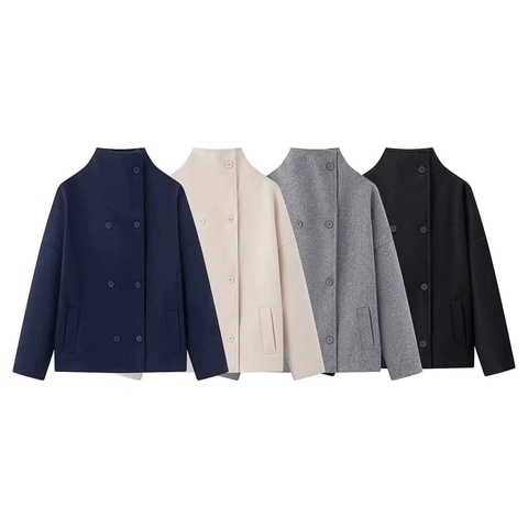 Double-breasted Damesjas van Imitatiewol met Staande Kraag Losse Pasvorm Herfst Winter Lange Mouw Mode Top