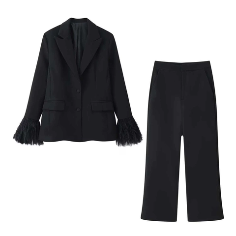 Women Elegant Feather Cuff Blazer And Pants Set Solid Color Office Professional Suit Fashion Long Sleeve Banquet Outfit