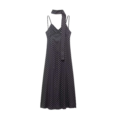 Vintage Zwarte Polka Dot Satijn Cami Maxi Jurk Met Sjaal V-Hals Geplooid Spaghettibandjes Lange Jurk Voor Dames Zomer
