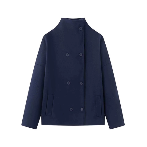 Dames Winter Wollen Jas Elegant Double Breasted Kort Jasje Opstaande Kraag Verlaagde Schouders Woon-werkverkeer Bovenkleding