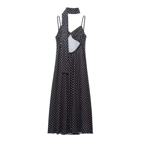 Vintage Zwarte Polka Dot Satijn Cami Maxi Jurk Met Sjaal V-Hals Geplooid Spaghettibandjes Lange Jurk Voor Dames Zomer