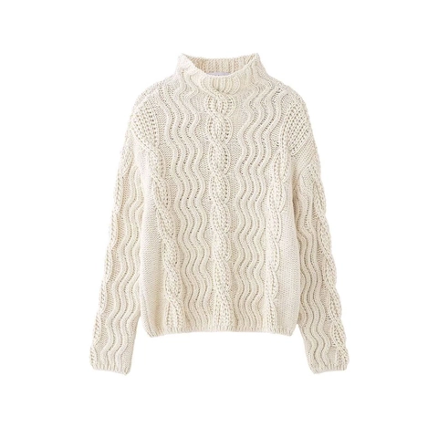 Women's Casual Mock Neck Cable Knit Sweater Loose Fit Cream Beige Long Sleeve Pullover Soft Warm Knitting Jumper Top