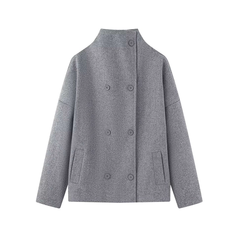 Double-breasted Damesjas van Imitatiewol met Staande Kraag Losse Pasvorm Herfst Winter Lange Mouw Mode Top