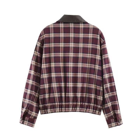 Women Retro Plaid Zipper Jacket Vintage Lapel Contrast Faux Leather Trim Bomber Coat Checked Long Sleeve Casual Outerwear