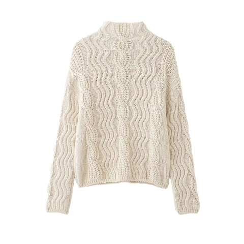 Women's Casual Mock Neck Cable Knit Sweater Loose Fit Cream Beige Long Sleeve Pullover Soft Warm Knitting Jumper Top