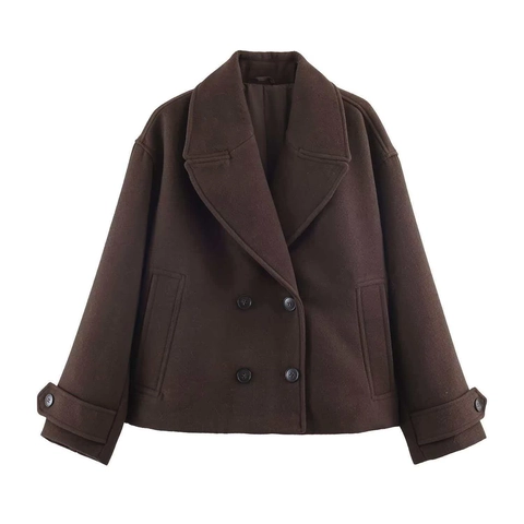 Cappotto Corto di Lana Doppiopetto Vintage da Donna Giacca Casual Larga con Rever Elegante Manica Lunga Autunno Inverno