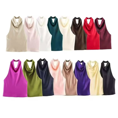 Canotta da Donna in Raso con Scollo all'Americana e ad Anello Elegante Senza Schiena Tinta Unita per Pendolari e Feste