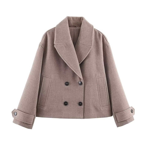 Women Double Breasted Short Woolen Coat Vintage French Style Lapel Collar Outerwear With Pockets Fashion Elegant