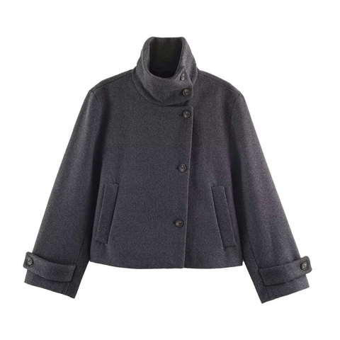 Women's Short Woolen Jacket Stand Collar Solid Color Multi Button Loose Fit Commute Autumn Winter Outerwear Jacket For Ladies