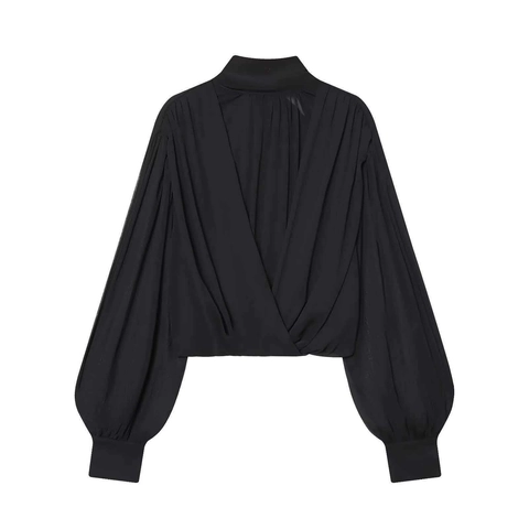 Elegante Blusa in Chiffon da Donna Con Fiocco Collo in Piedi Maniche a Lanterna Top Plissettato Tinta Unita Casual Ufficio Pendolare