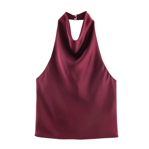Canotta da Donna in Raso con Scollo all'Americana e ad Anello Elegante Senza Schiena Tinta Unita per Pendolari e Feste