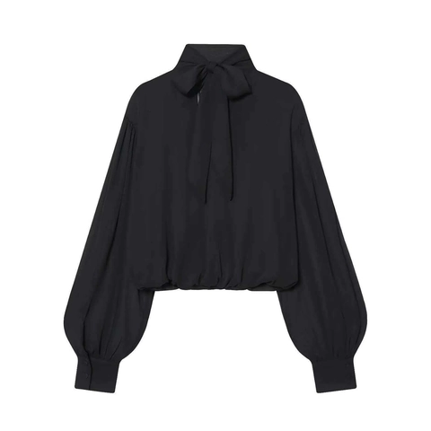 Women Chiffon Blouse Long Lantern Sleeve Mock Neck Pussy Bow Tie Pleated Wrap Front Solid Color Casual Streetwear Top