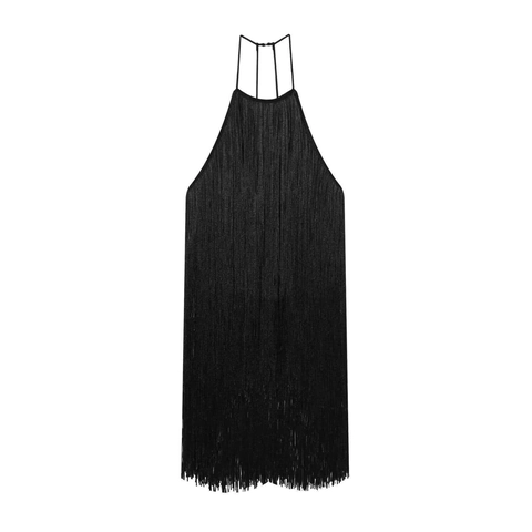 Elegante Dames Zwarte Halternek Tassel Maxi Jurk Effen Kleur Mouwloos Fringe Party Avondjurk Sexy Bodycon Jurk