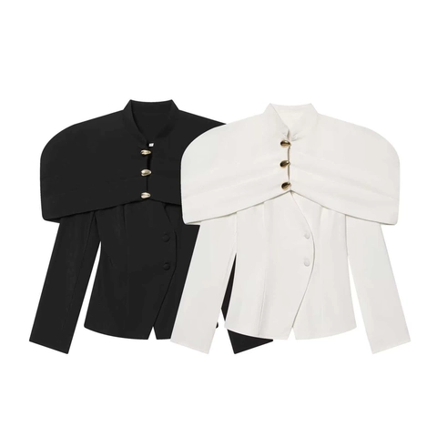 Damen Elegant Cape Blazer Stehkragen Slim Fit Asymmetrische Goldene Knöpfe Kurze Jacke Herbst Commuter Mode Outwear