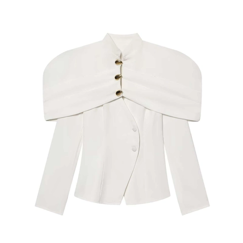 Damen Elegant Cape Blazer Stehkragen Slim Fit Asymmetrische Goldene Knöpfe Kurze Jacke Herbst Commuter Mode Outwear