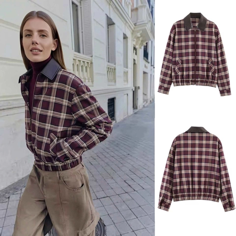Women Retro Plaid Zipper Jacket Vintage Lapel Contrast Faux Leather Trim Bomber Coat Checked Long Sleeve Casual Outerwear