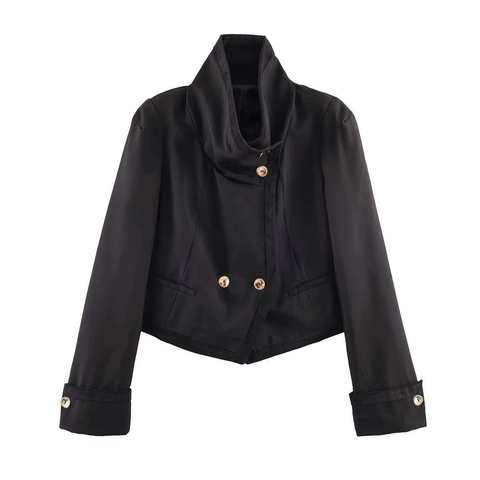 Women Vintage Black Stand Collar Short Jacket Gold Metal Button Solid Color Office Lady Elegant Commuter Coat