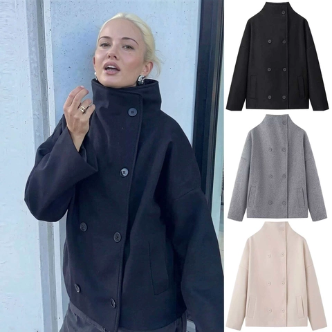Dames Winter Wollen Jas Elegant Double Breasted Kort Jasje Opstaande Kraag Verlaagde Schouders Woon-werkverkeer Bovenkleding