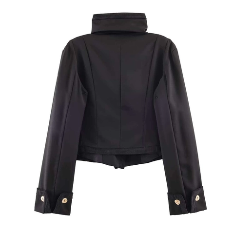 Women Vintage Black Stand Collar Short Jacket Gold Metal Button Solid Color Office Lady Elegant Commuter Coat