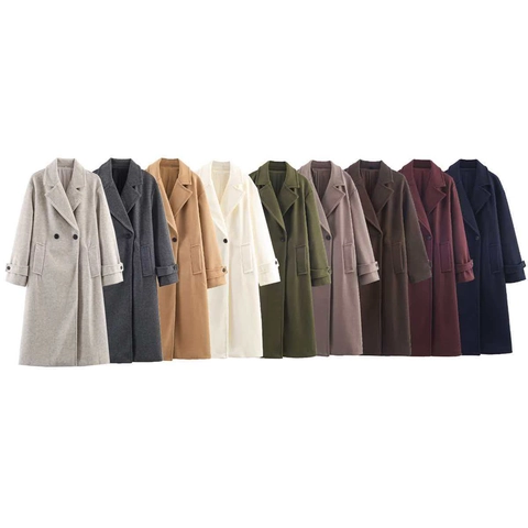 Abrigo Largo de Lana Elegante para Mujer Solapa Clásica Doble Botonadura Ropa de Abrigo Con Bolsillos Color Sólido Chaqueta Otoño Invierno