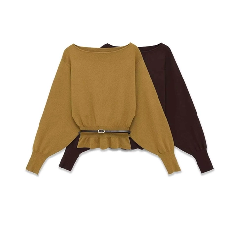 Femme Élégante Col Bateau Manche Chauve-souris Pull en Tricot Avec Ceinture Couleur Unie Ourlet Péplum Pullover Automne Tops