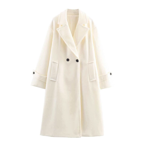 Abrigo Largo de Lana Elegante para Mujer Solapa Clásica Doble Botonadura Ropa de Abrigo Con Bolsillos Color Sólido Chaqueta Otoño Invierno