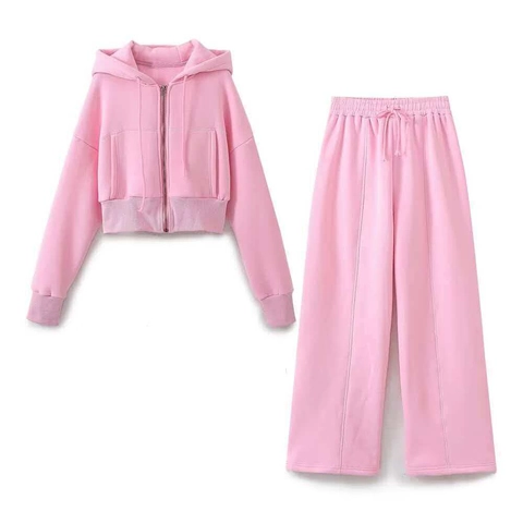 Women Casual Zip Up Cropped Hoodie Tube Top And Wide Leg Pants Leisure Sweatshirt Pants Sweatsuit