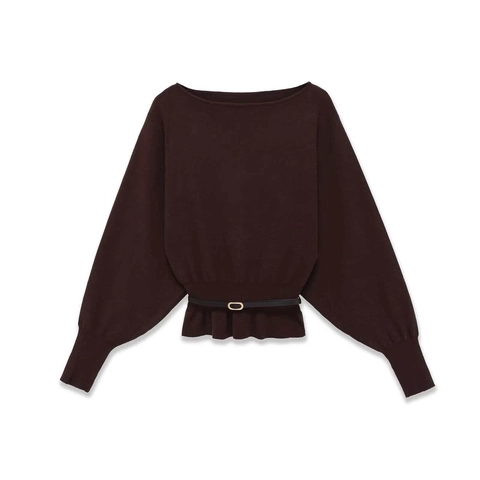 Femme Élégante Col Bateau Manche Chauve-souris Pull en Tricot Avec Ceinture Couleur Unie Ourlet Péplum Pullover Automne Tops