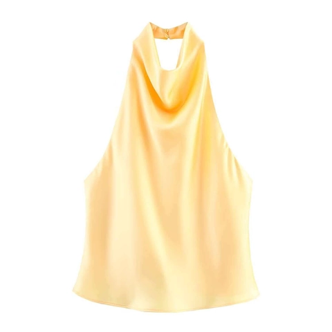 Camiseta Sin Mangas De Satén Con Cuello Halter Para Mujer Sin Espalda Textura Satén Elegante Camisola