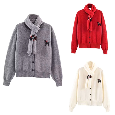 Women Knit Cardigan And Scarf Set Embroidered Scotty Dog Long Sleeve Single Breasted Casual Button Down Sweater Top