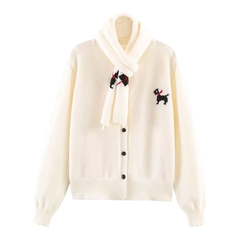 Women Knit Cardigan And Scarf Set Embroidered Scotty Dog Long Sleeve Single Breasted Casual Button Down Sweater Top