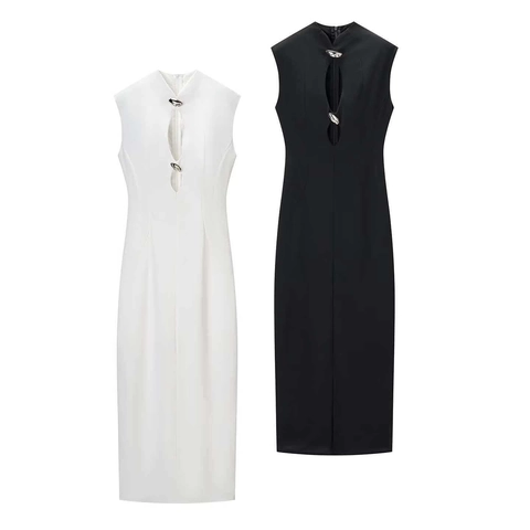 Elegante Vestido Maxi Sin Mangas Con Cuello Alto Y Detalles Huecos Con Hebillas Plateadas Vestido Largo Ajustado De Color Sólido