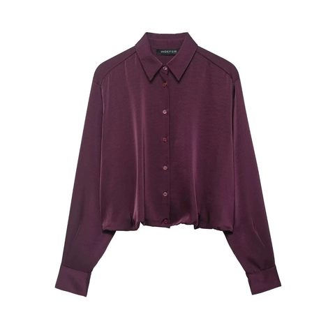 Damen Elegant Satin Bluse Hemd Weinrot Langarm Geraffter Saum Knopfleiste Lässig Pendeln Büro Dame Einfarbig Oberteil