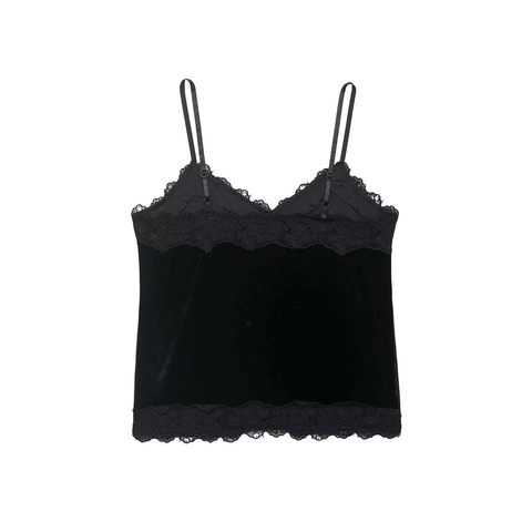 Damen Vintage Schwarz Samt Camisole Mit Spitze Sexy V-Ausschnitt Knopf Verstellbare Träger Slim Fit Sommer Top