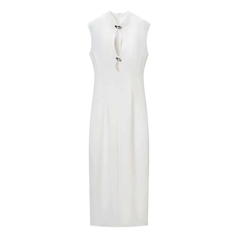 Elegante Vestido Maxi Sin Mangas Con Cuello Alto Y Detalles Huecos Con Hebillas Plateadas Vestido Largo Ajustado De Color Sólido