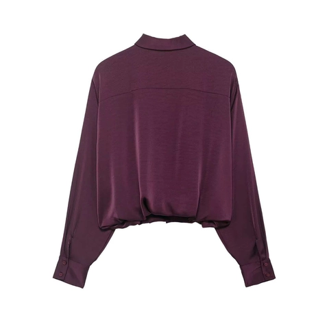 Damen Elegant Satin Bluse Hemd Weinrot Langarm Geraffter Saum Knopfleiste Lässig Pendeln Büro Dame Einfarbig Oberteil